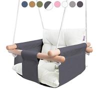CaTeam - Balancelle en Toile pour bébé avec Ceinture de sécurité, balancelle en Bois Durable pour Enfants, Utilisation en intérieur et en extérieur, matériel de Montage Inclus, Gris-Blanc