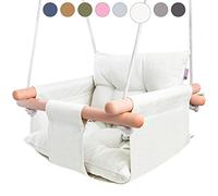 CaTeam - Balançoire pour bébé en Toile, balançoire Suspendue en Bois avec Ceinture de sécurité, Chaise hamac Durable pour bébé, balançoire extérieure et intérieure pour Enfants, Ivoire