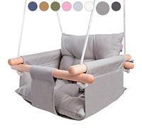 CaTeam - Balançoire pour bébé en Toile, balançoire Suspendue en Bois avec Ceinture de sécurité, Chaise hamac Durable pour bébé, balançoire extérieure et intérieure pour Enfants, Gris Taupe