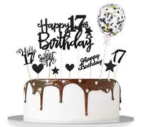 Catelves Lot de 10 décorations de gâteau à paillettes pour 17e anniversaire garçon fille, Happy 17th Birthday Cake Topper Noir, Sweet 17 Décoration de gâteau d'anniversaire 17 ans garçon