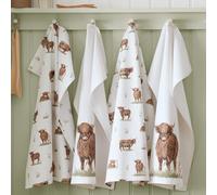 Catherine Lansfield Angus Highland Lot de 4 torchons de Cuisine en Coton Motif Vache Naturelle 50 x 75 cm