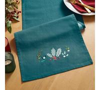 Catherine Lansfield Chemin de Table de Noël brodé en Coton Motif Houx et gui Vert 32 x 220 cm