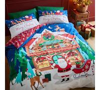 Catherine Lansfield Christmas Santa's Workshop Parure de lit Double réversible avec taies d'oreiller Bleu Marine
