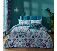 Catherine Lansfield Mya Parure de lit Double réversible avec Housse de Couette et taies d'oreiller Motif Floral Tropical Bleu Canard
