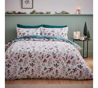 Catherine Lansfield Parure de lit Double en Coton brossé avec Housse de Couette et taies d'oreiller Motif Houx et gui Blanc/Vert