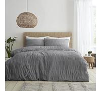 Catherine Lansfield Parure de lit Double en Seersucker avec Housse de Couette et taies d'oreiller Gris