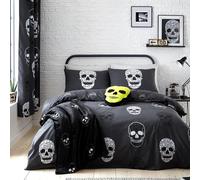 Catherine Lansfield Parure de lit réversible avec Housse de Couette et taies d'oreiller Motif têtes de Mort Gris