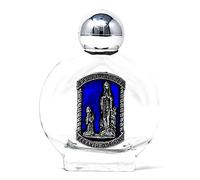 Catholic Gift Shop Bouteille ronde Lourdes avec plaque bleue remplie d'eau bénite et carte de prière de Lourdes
