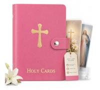 Catholic Holy Card Holder, Faux Leather Prayer Card Organizer with 40 Card Sleeves and Snap Closure, Pocket Holy Card Case for Mass, Daily Prayer, Memorial Cards and Religious Gifts (Pink,2PCS)