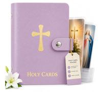Catholic Holy Card Holder, Faux Leather Prayer Card Organizer with 40 Card Sleeves and Snap Closure, Pocket Holy Card Case for Mass, Daily Prayer, Memorial Cards and Religious Gifts (Violet,1PCS)