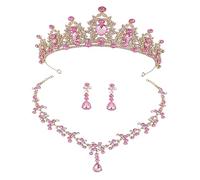 CATIEBYE Parure Bijoux Femme Mariage Couronne Diadème Plaqué Or Rose Set Collier Boucles Doreilles Élégantes pour Mariée