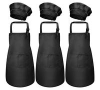 Catime 3 Set Tablier Enfant et Chapeau de Chef, Ajustable Bambin Tabliers de Cuisine avec Poches pour Filles Garçons, Tablier de Chef Jardin pour Cuisson Peinture L'artisanat (M pour 3-6 Ans) (Noir)