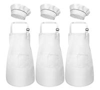 Catime 3 Set Tablier Enfant et Chapeau de Chef, Ajustable Bambin Tabliers de Cuisine avec Poches pour Filles Garçons, Tablier de Chef Jardin pour Cuisson Peinture L'artisanat (M pour 3-6 Ans) (Blanc)