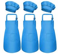 Catime 3 Set Tablier Enfant et Chapeau de Chef, Ajustable Bambin Tabliers de Cuisine avec Poches pour Filles Garçons, Tablier de Chef Jardin pour Cuisson Peinture L'artisanat (M pour 3-6 Ans) (Bleu)