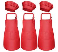 Catime 3 Set Tablier Enfant et Chapeau de Chef, Ajustable Bambin Tabliers de Cuisine avec Poches pour Filles Garçons, Tablier de Chef Jardin pour Cuisson Peinture L'artisanat (M pour 3-6 Ans) (Rouge)