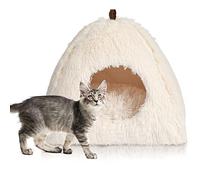 CATISM Chat Lit Coussin pour Chat avec Oreiller Doux lit de Chat Panier Lit pour Chat Lavable en Tissu Peluche Couffin Chien Beige (40 x 40 x 37 cm)