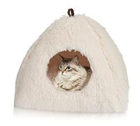 CATISM Lit pour Chat de Qualité Supérieure Abri Chaud pour Chat avec Oreiller Doux Amovible et Lavable (40 x 40 x 37 cm) - Lit Confortable en Forme de Pyramide-Beige
