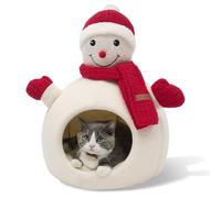 CATISM Niche de Noël pour Chat - 42 x 42 x 55 cm Lit pour Chats D'intérieur - Bonhomme de Neige Mignon - Maison Chat avec Coussin Chaud - Grotte Amovible - Fond Antidérapant