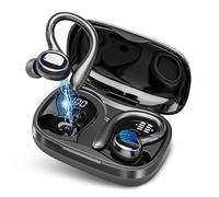 Catitru Écouteurs sans fil Bluetooth 56 heures de lecture, écouteurs étanches IPX7, écouteurs de sport, étui de chargement sans fil, crochets auriculaires, noir