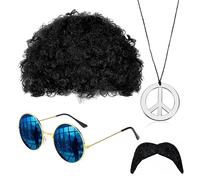 CATMEYE Déguisement Hippie Années 50 60 70 - Perruque Afro, Lunettes,Moustache & Collier Paix, Costume Disco pour Homme et Femme (4 Psc)