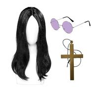 CATMEYE Ensemble Déguisement Rock Star Adulte 3 Pièces, Perruque Noire Longue Prince of Darkness, Lunettes Rondes Violettes & Croix Dorée, Accessoires Costume Années 70/80 pour Hommes & Femmes (3 Pcs)