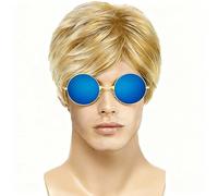 CATMEYE Ensemble Perruque Homme Rock Années 80 avec Lunettes de Soleil - 1x Perruque Courte Blonde Bouclée en Fibre Synthétique Résistante à la Chaleur, Accessoire de Déguisement pour Fête (Blond)