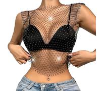 CATOR CATOR Paillettes Visible Sexy en Résille à Manche Haut en Maille avec Strass Scintillant Haut de Danse Jazz Latine Cache-épaules Blouse à Sequin Tenue de Night Club Bar Plage - Col en V - Noir