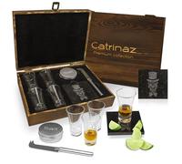 Catrinaz® - Ensemble de verres à shot - Verres à tequila - 6 cl - 4 pcs - planche à découper en pierre- couteau à découper - pot à sel - Crâne mexicain - Coffret cadeau en bois de luxe -