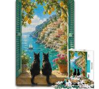 Cats Admire Positano View Puzzle en Bois 300 pièces | Puzzle pour passionné : cadeau sans écran pour Noël, moment puzzle seul ou à plusieurs.
