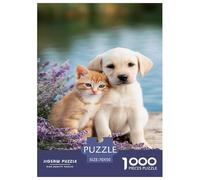 Cats and Dogs Playing in The Flowers Puzzle 1000 Pieces Cadeau Unique Jeu Éducatif Challenge Toy À De Qualité Supérieure Peinture Art pour Adultes Et Enfants À Partir De 14 Ans 70x50cm/1000pcs