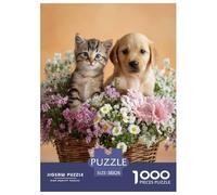 Cats and Dogs Playing in The Flowers Puzzles 1000 Pieces Cadeau Unique Jeu Éducatif Défi Jouet À De Qualité Supérieure Peinture Art pour Adultes Et Enfants 38x26cm/1000pcs