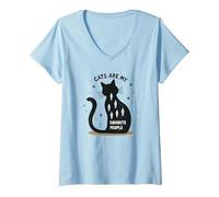 Cats are My Favorite People - Amoureux des félins T-Shirt avec Col en V, Femme, Bleu Céleste, XXL