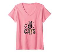 Cats are My Kind of People - Amoureux des félins T-Shirt avec Col en V, Femme, Rose, XXL