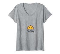 Cats are My Sunshine - Cute Sun Cat Amoureux des Animaux T-Shirt avec Col en V, Femme, Gris Chiné, S