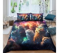 Cats in Space Housse de Couette Microfibre Hypoallergique 3 pièces Imprimé en 3D Confortable Fantaisie Art Style Parure de Lit avec 2 Taies d'oreiller Super Douce for Garçon Single（140x200cm）