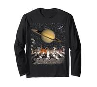 Cats Walking in Space Cat Astronaut Saturn Planet Cat Lover Manche Longue