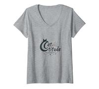 Cattitude: Esprit félin Impertinent pour Les Amoureux des Chats T-Shirt avec Col en V, Femme, Gris Chiné, XL
