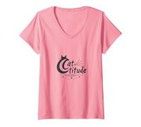 Cattitude: Esprit félin Impertinent pour Les Amoureux des Chats T-Shirt avec Col en V, Femme, Rose, S