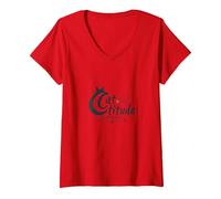 Cattitude: Esprit félin Impertinent pour Les Amoureux des Chats T-Shirt avec Col en V, Femme, Rouge, XL