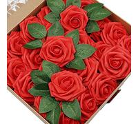 CATTLEYAHQ 25 Têtes Fleurs Artificielles Roses, Marry Acting Real Touch Fleurs Rose, Corsage Bricolage Ou Guirlande, Bouquets De Fête De Mariage, Décor De Cuisine À La Maison (Rouge)