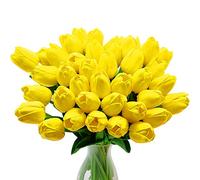 CATTLEYAHQ Fleurs de Tulipes artificielles, 10pcs Real Touch Latex Fleurs avec des Feuilles, décoration élégante pour la fête de Banquet de Mariage, Cuisine à Domicile (Jaune)