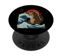 Catzilla Attaque la Grande Vague de Funny Cat Lover's Monster PopSockets PopGrip Adhésif