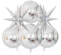 CAUC-Ballon Étoile Explosive 6 Pièces 4D Ballons Argentés Métallisés Ballons en Aluminium Rond et Étoile Ballon Hélium pour Anniversaire Argent pour Anniversaire, Mariage, Fête