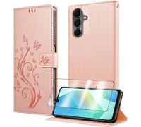 CAUC-Coque pour Samsung Galaxy A17 avec 1 Verre Trempé,1 Protection Camera,Étuis Rabat [Housse en Cuir PU][Fentes pour Cartes][Pochette de Portefeuille][Stand Feature]- Rose Pâle