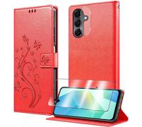 CAUC-Coque pour Samsung Galaxy A17 avec 1 Verre Trempé,1 Protection Camera,Étuis Rabat [Housse en Cuir PU][Fentes pour Cartes][Pochette de Portefeuille][Stand Feature]- Rouge