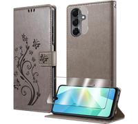 CAUC-Coque pour Samsung Galaxy A17 avec 1 Verre Trempé,1 Protection Camera,Étuis Rabat [Housse en Cuir PU][Fentes pour Cartes][Pochette de Portefeuille][Stand Feature]- Gris