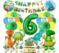 CAUC-Decoration Anniversaire Dinosaure 6 Ans, XXL Ballons Dinosaure 6 Ans Garçon, avec Décoration de Gâteaux, Happy Birthday Bannière, pour Vert Jungle Thème Deco Anniversaire Fête Garçon Enfants