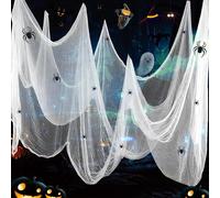 CAUC-Halloween Déco Tulle Blanc 215x600cm avec 12 décorations araignée, Tissu Effrayant pour Maison hantée, Jardin, Arbres, fête Halloween décoration intérieur extérieur