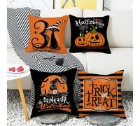 CAUC-Lot de 4 housses de coussin d'Halloween - 45 x 45 cm - Motif citrouille - Décoration d'Halloween pour salon, canapé, jardin, Halloween, chauve-souris horreur citrouille