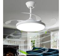 Caufloce Plafonnier Ventilateur De Plafond Invisible, Pales Rétractables Lampe Ventilateur Réversible Moderne 6 Vitesses, Lustre Ventilateur Dimmable Salon Chambre Chambre D'enfant-white||108cm